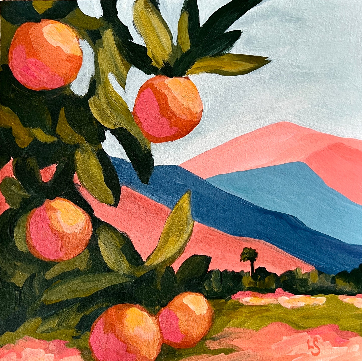 Original Ojai California Painting: Orange Grove, Abstract Mountain Art