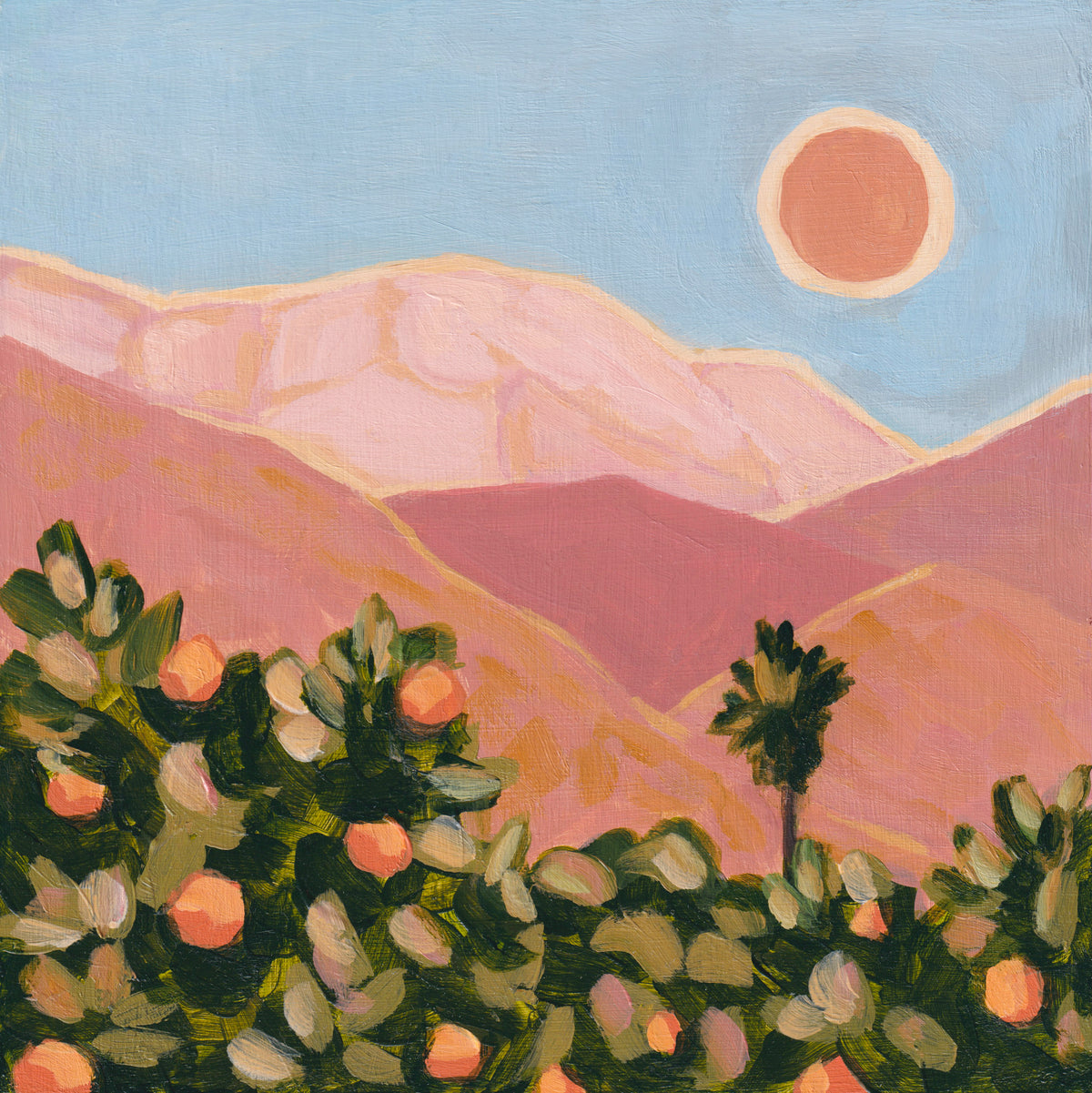 Ojai PRINT: Ojai Oranges, Abstract Mountain Art, Pink Moment with Palm Tree