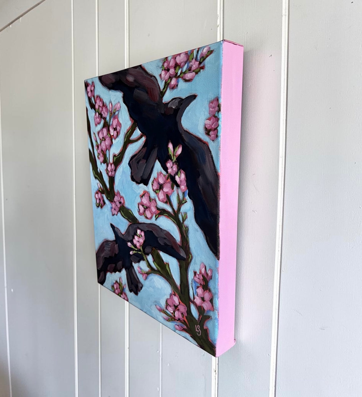 "Together" - Original Painting, Two Crows, Pink Cherry Blossoms, Birds in Springtime