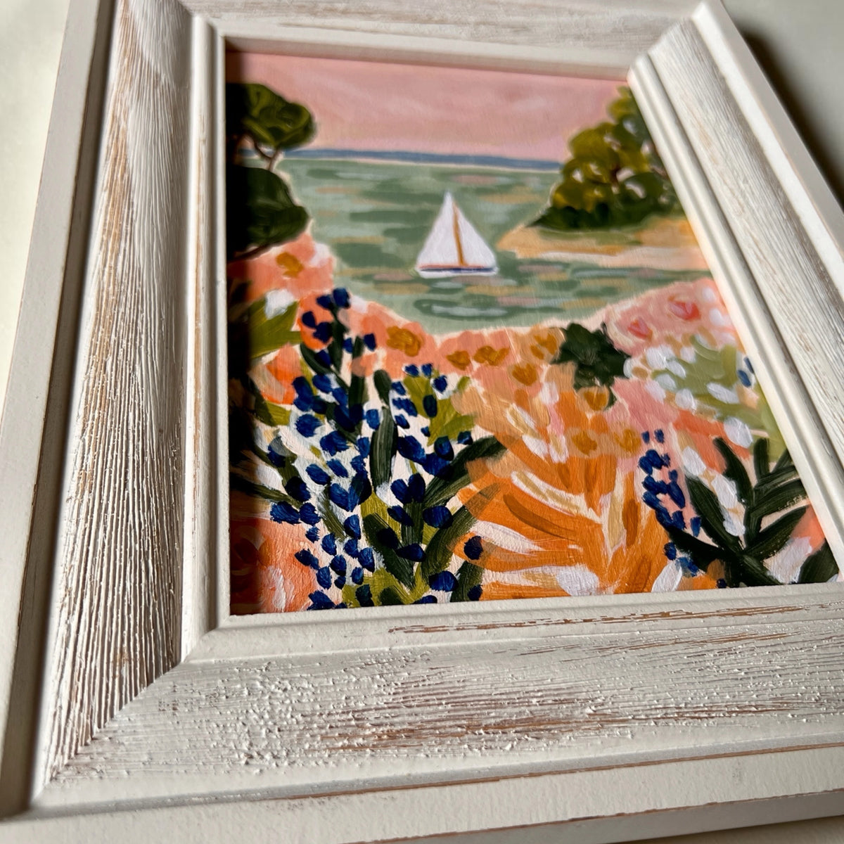 Original Painting: "Lupine Point" - Matisse Inspired Coastal Scene, Sailboat Art