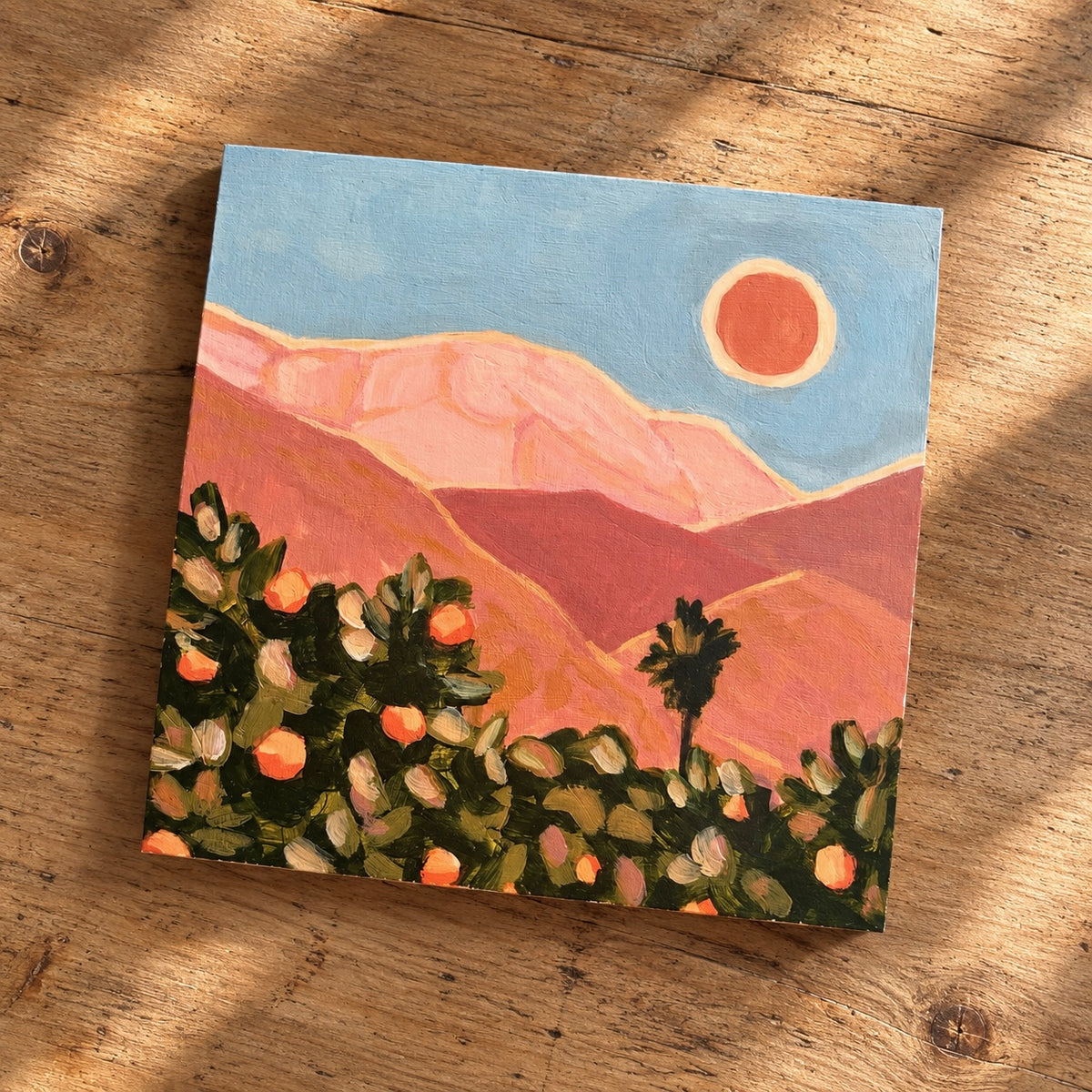Woodblock PRINT: Ojai California, Desert Mountain Landscape, Palm Tree, Ojai Oranges Art