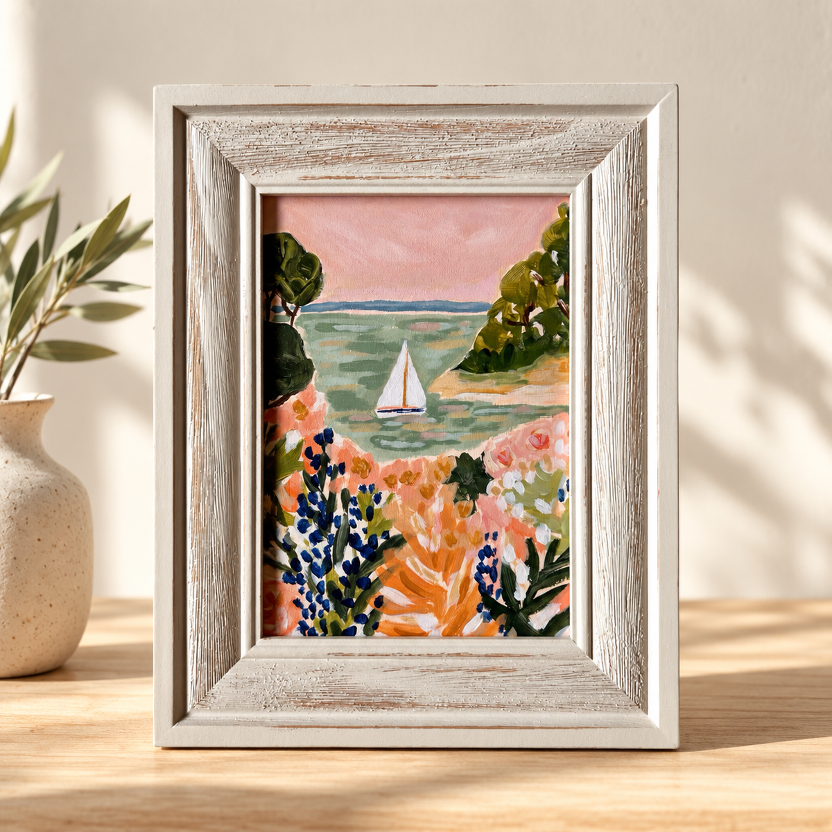 Original Painting: "Lupine Point" - Matisse Inspired Coastal Scene, Sailboat Art