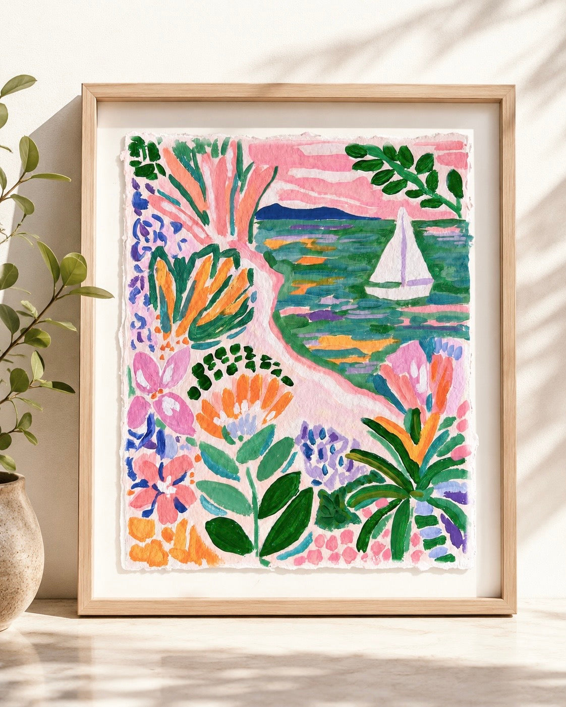 "Garden by the Sea" - Coastal Sailboat Botanical Original Painting