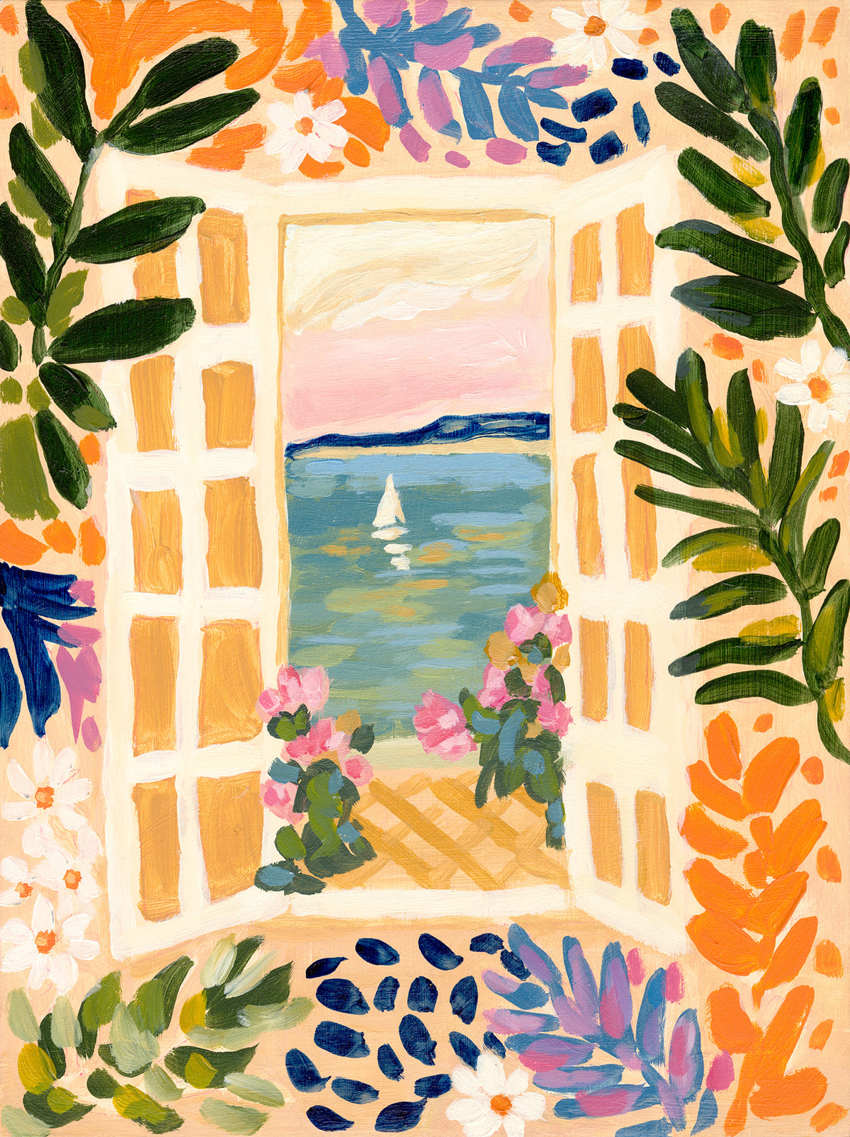 Original Painting: "Daydream" - Matisse Inspired Window Scene, Sailboat Art