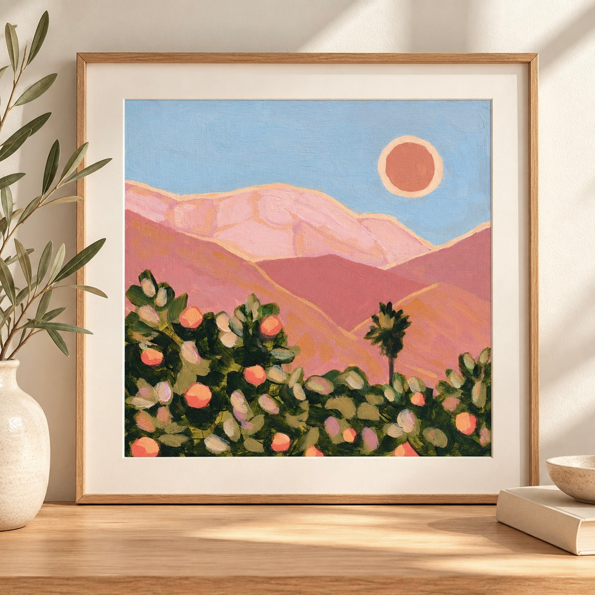 Ojai PRINT: Ojai Oranges, Abstract Mountain Art, Pink Moment with Palm Tree