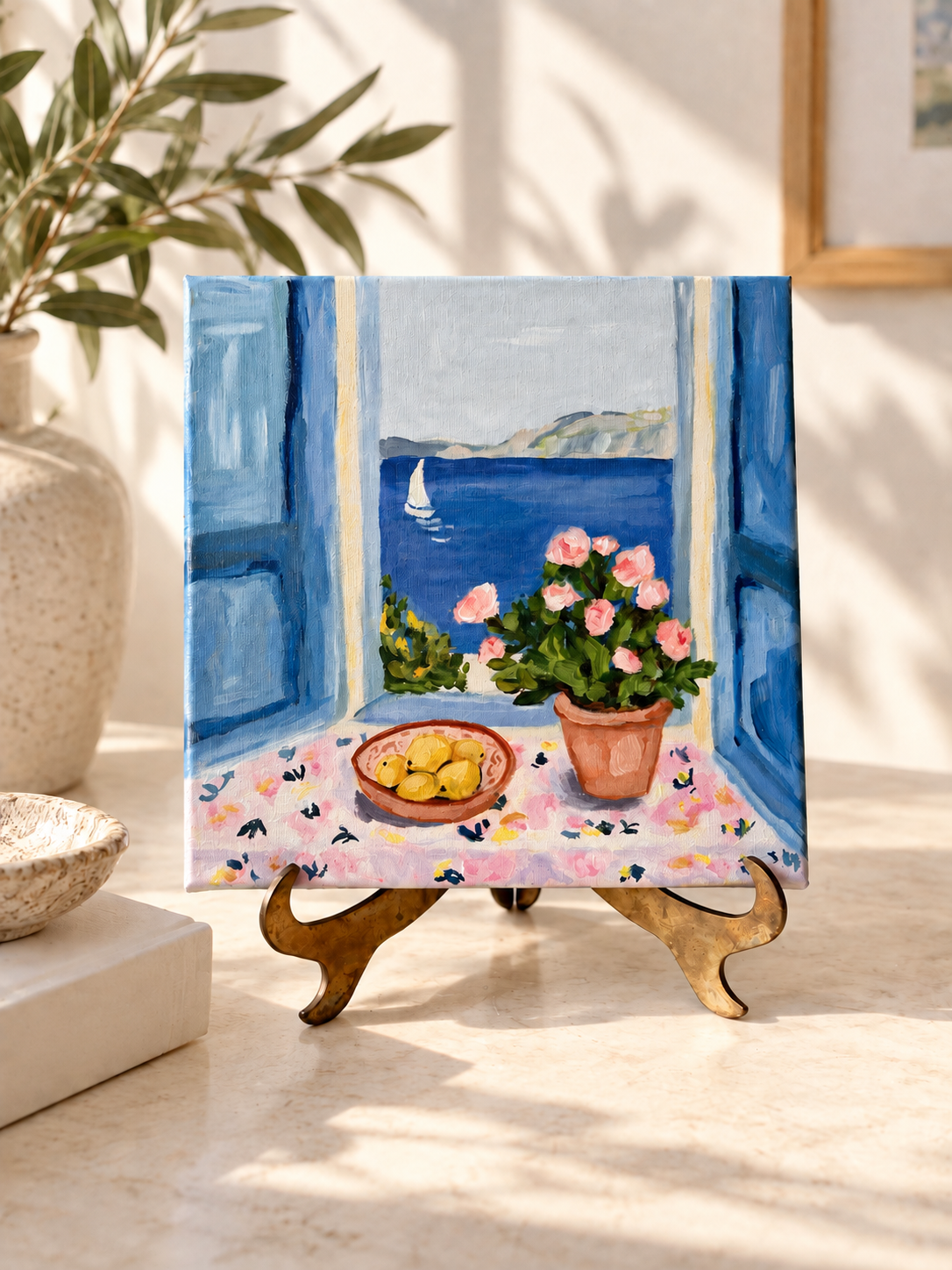 Original Painting: "Blue View" - Matisse Inspired Window Scene, Sailboat Art