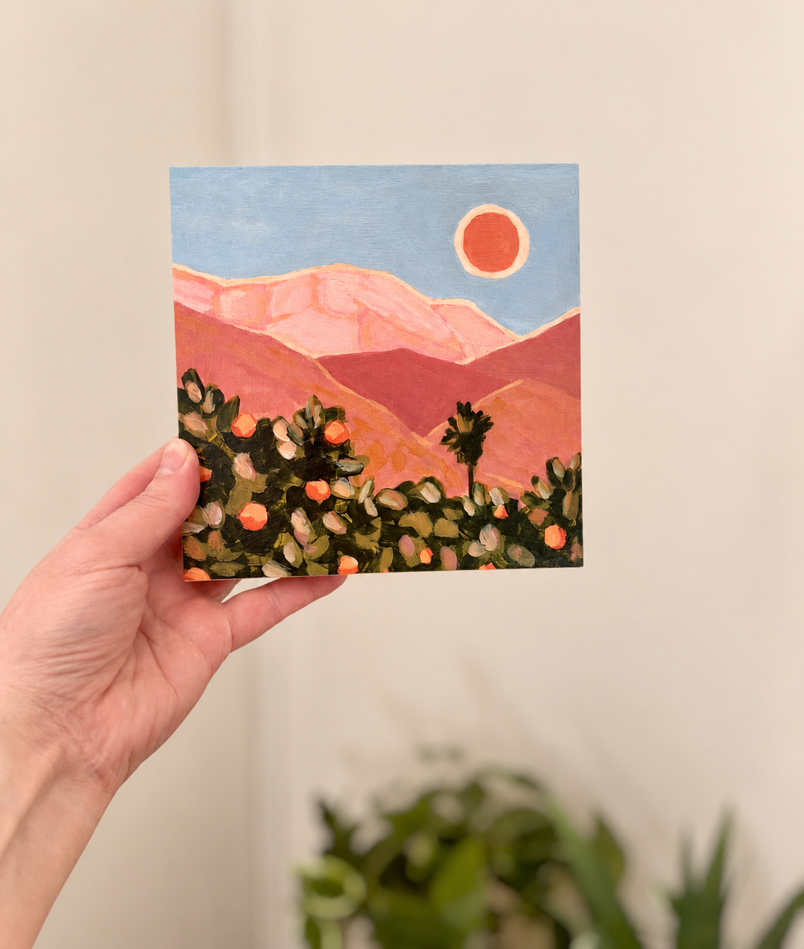Woodblock PRINT: Ojai California, Desert Mountain Landscape, Palm Tree, Ojai Oranges Art