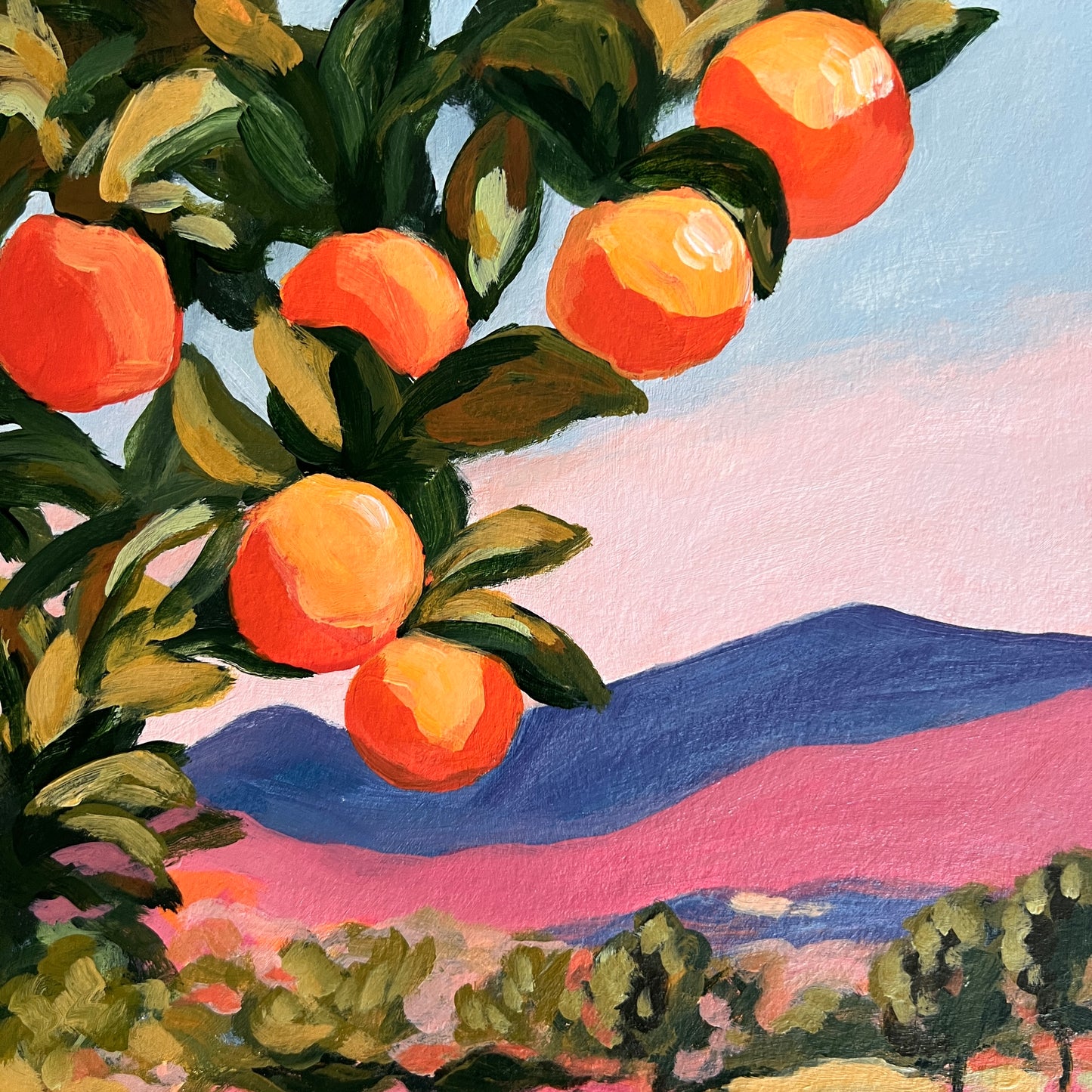Original Ojai California Painting: Orange Grove, Abstract Mountain Art