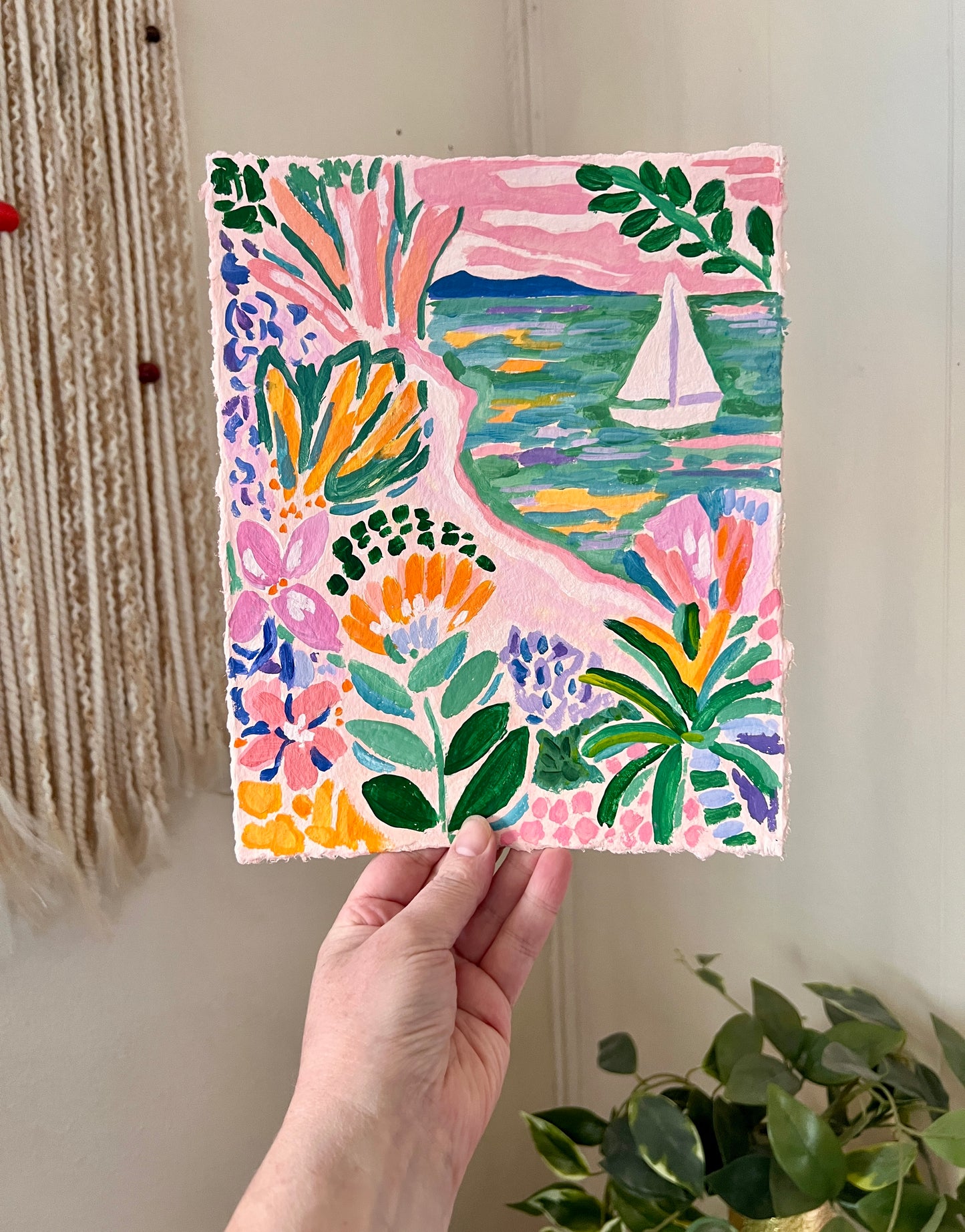 "Garden by the Sea" - Coastal Sailboat Botanical Original Painting