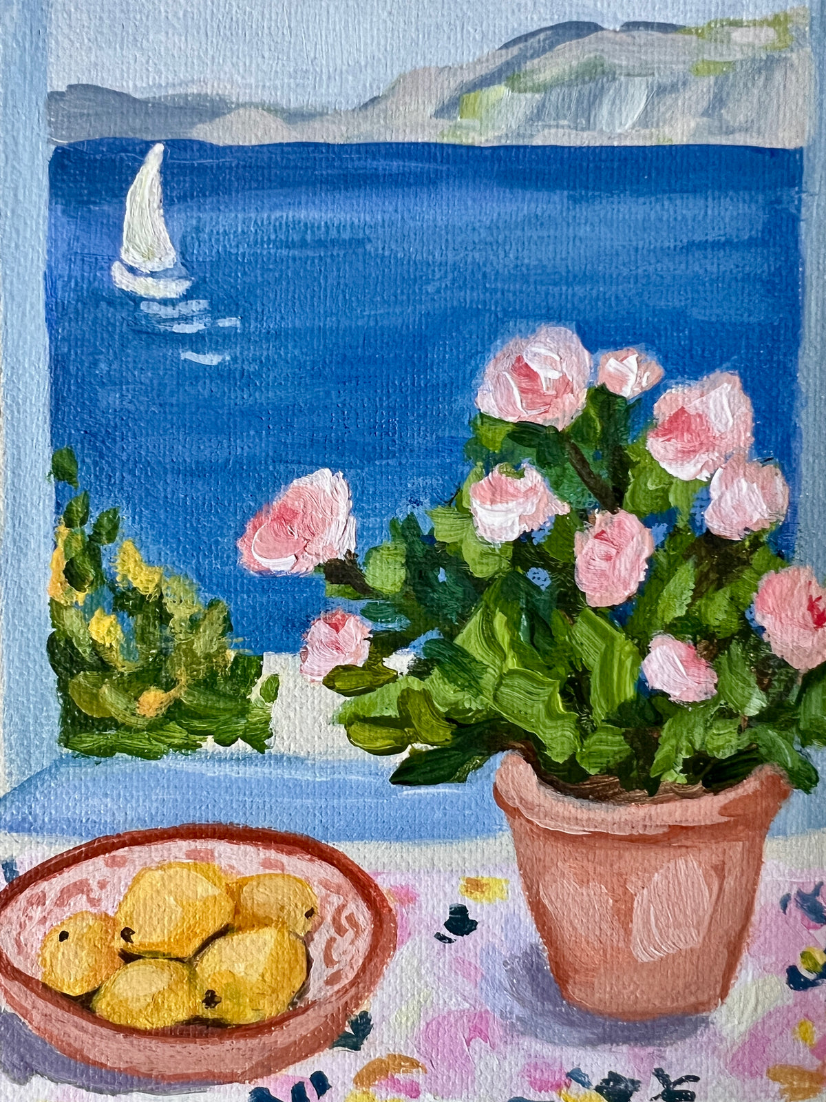 Original Painting: "Blue View" - Matisse Inspired Window Scene, Sailboat Art