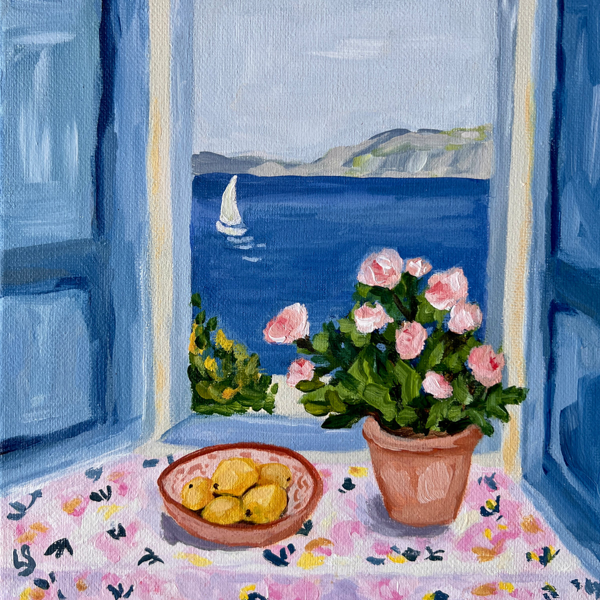 Original Painting: "Blue View" - Matisse Inspired Window Scene, Sailboat Art