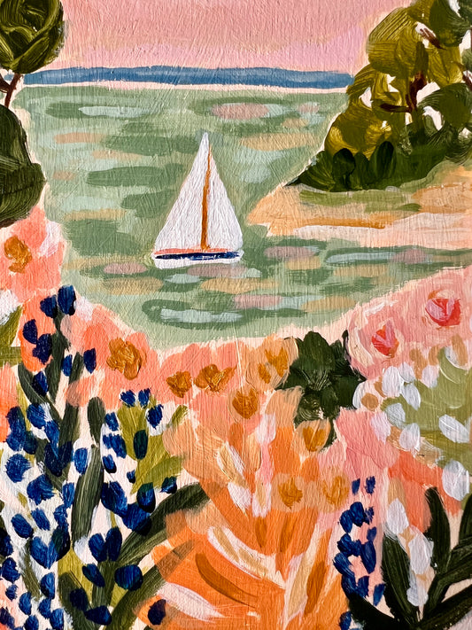 Original Painting: "Lupine Point" - Matisse Inspired Coastal Scene, Sailboat Art