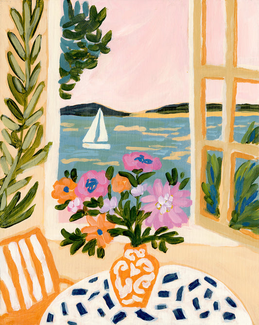 Original Painting: "Orange Vase" - Matisse Inspired Window Scene, Sailboat Art
