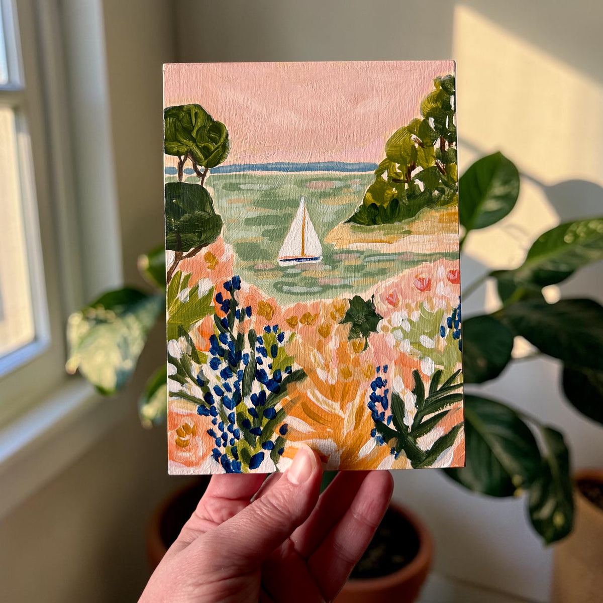 Original Painting: "Lupine Point" - Matisse Inspired Coastal Scene, Sailboat Art