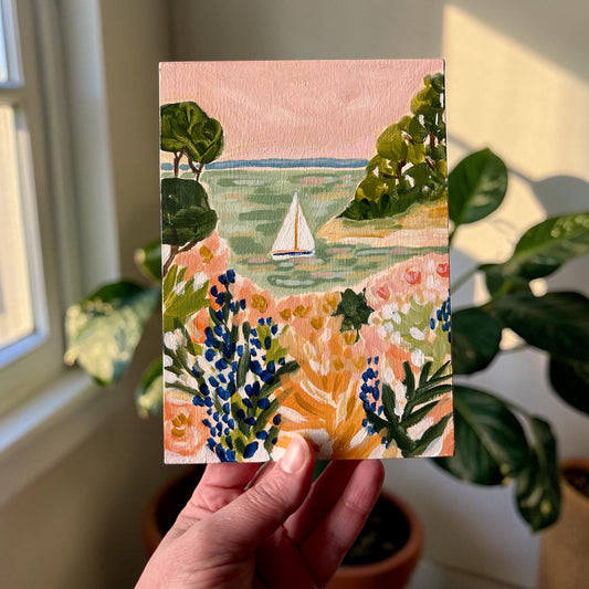 Original Painting: "Lupine Point" - Matisse Inspired Coastal Scene, Sailboat Art