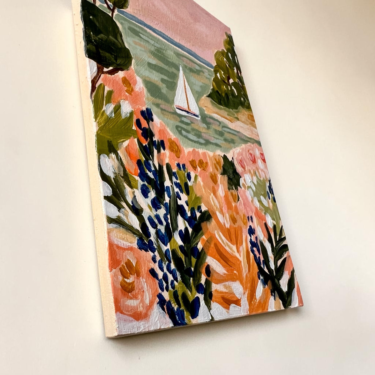 Original Painting: "Lupine Point" - Matisse Inspired Coastal Scene, Sailboat Art