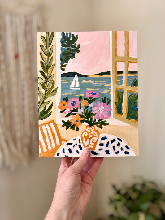 Original Painting: "Orange Vase" - Matisse Inspired Window Scene, Sailboat Art