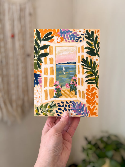 Original Painting: "Daydream" - Matisse Inspired Window Scene, Sailboat Art
