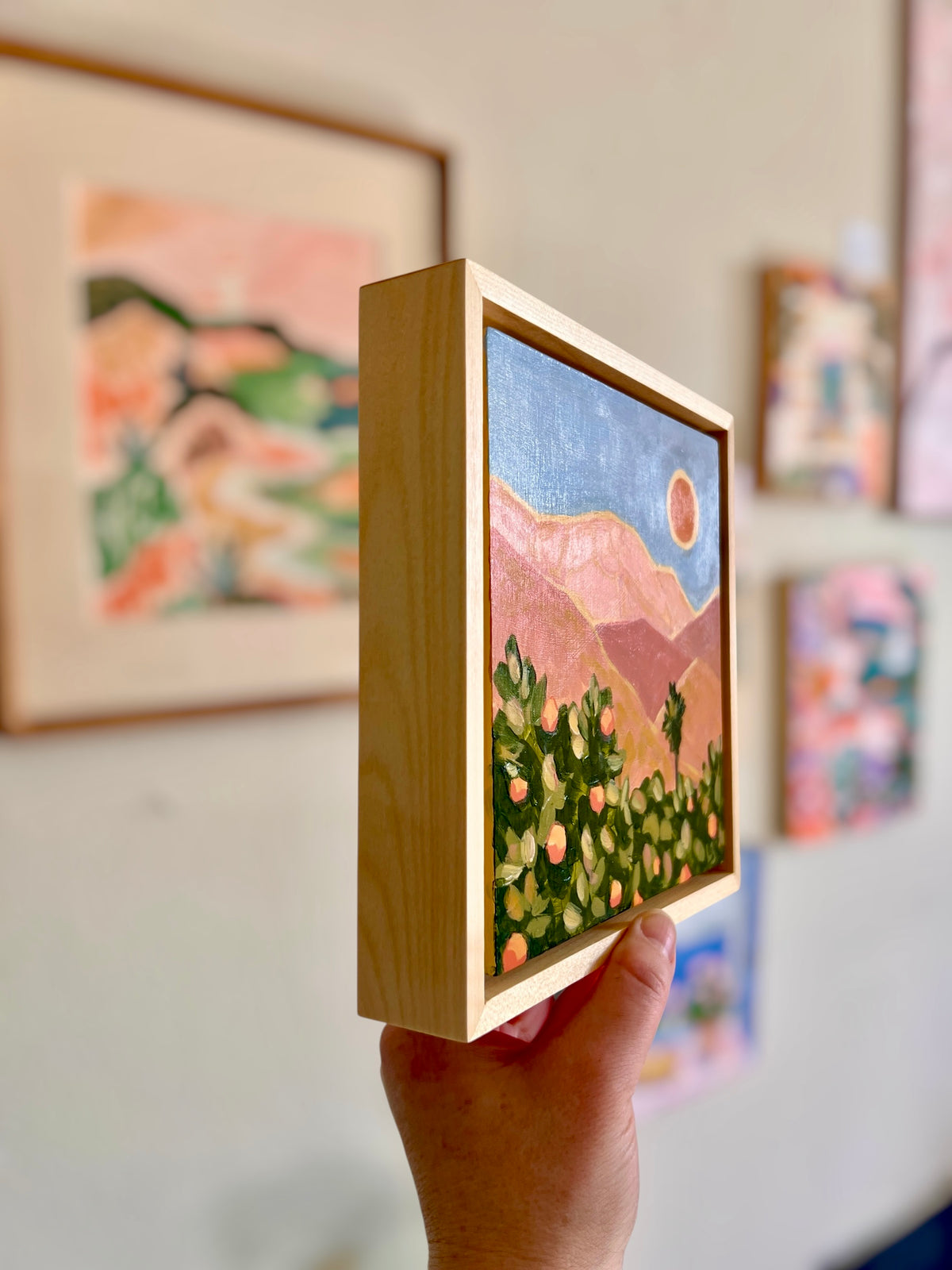 Original Painting, Framed Ojai Mini Art, Ojai California, Pink Moment, Topa Topa Mountains