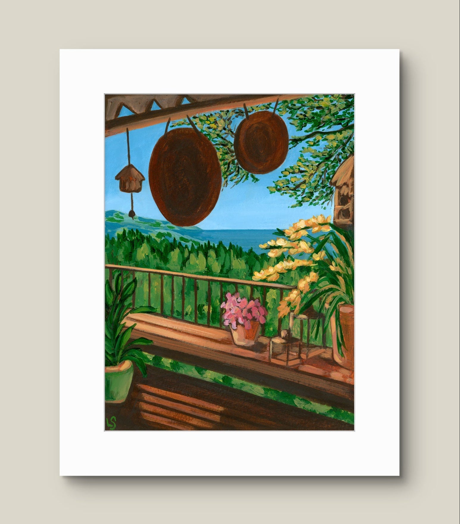 Painting of a rustic outdoor setting with a wooden bench, plants, and hanging pots.