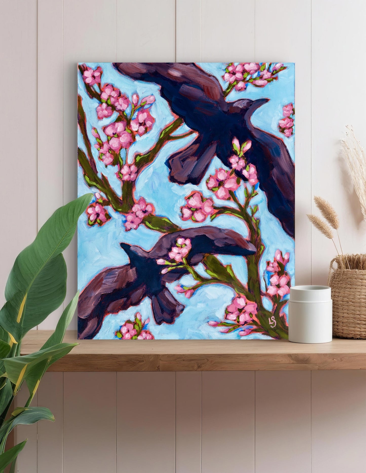 "Together" - Original Painting, Two Crows, Pink Cherry Blossoms, Birds in Springtime