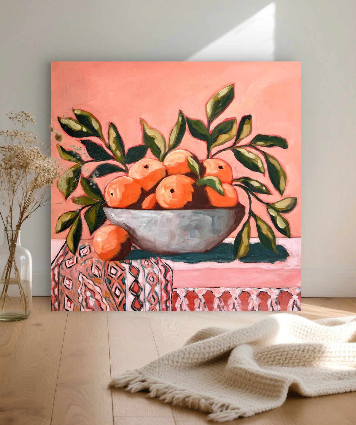 Original Painting: Oranges Still Life, Bohemian Style Art, Ojai Oranges, Large 20"x20"